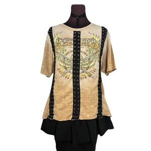 Affliction T Shirt Womens XL Lace Up Bondage Grunge Print Distressed Tan Black